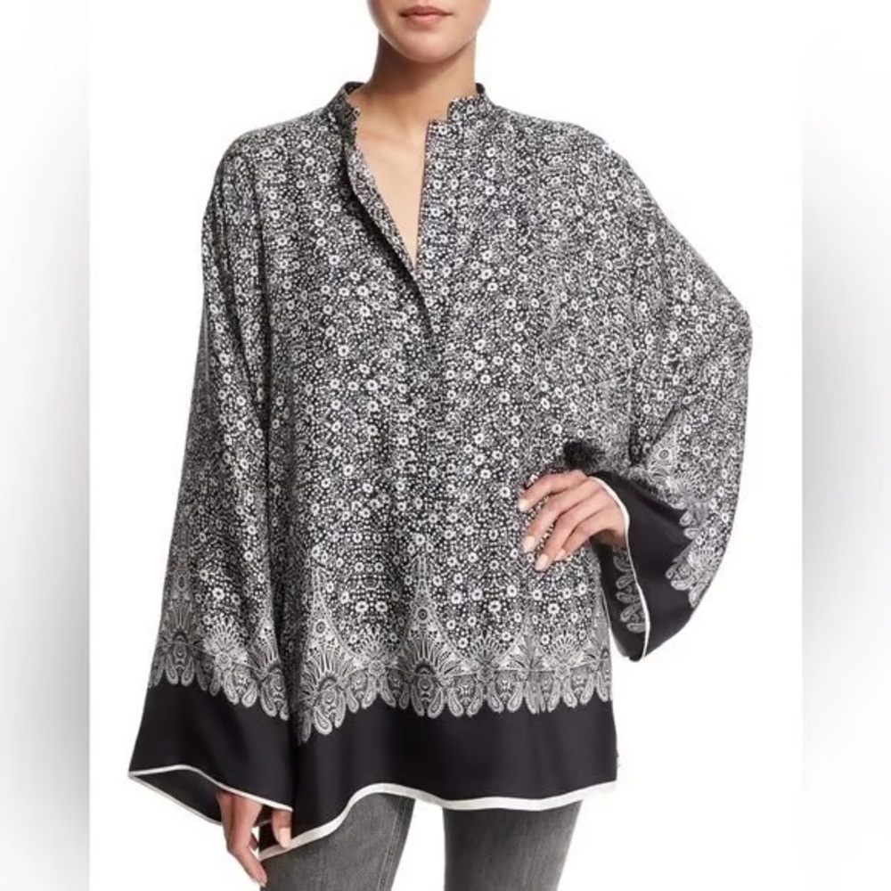 Helmut Lang Silk Printed Floral Kimono , tunic , blouse Top Black and white S